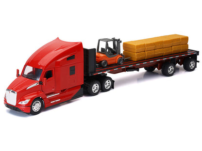 Kenworth T680 Truck Red and Flatbed Trailer with Forklift and Hay Load "Long Haul Trucker" Series 1/32 Diecast Model