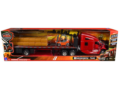 Kenworth T680 Truck Red and Flatbed Trailer with Forklift and Hay Load "Long Haul Trucker" Series 1/32 Diecast Model