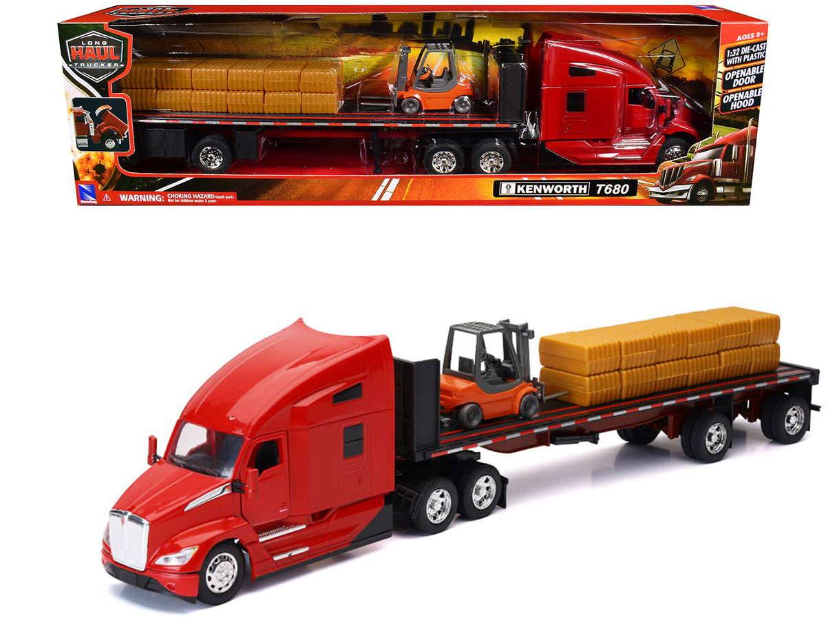 Kenworth T680 Truck Red and Flatbed Trailer with Forklift and Hay Load "Long Haul Trucker" Series 1/32 Diecast Model