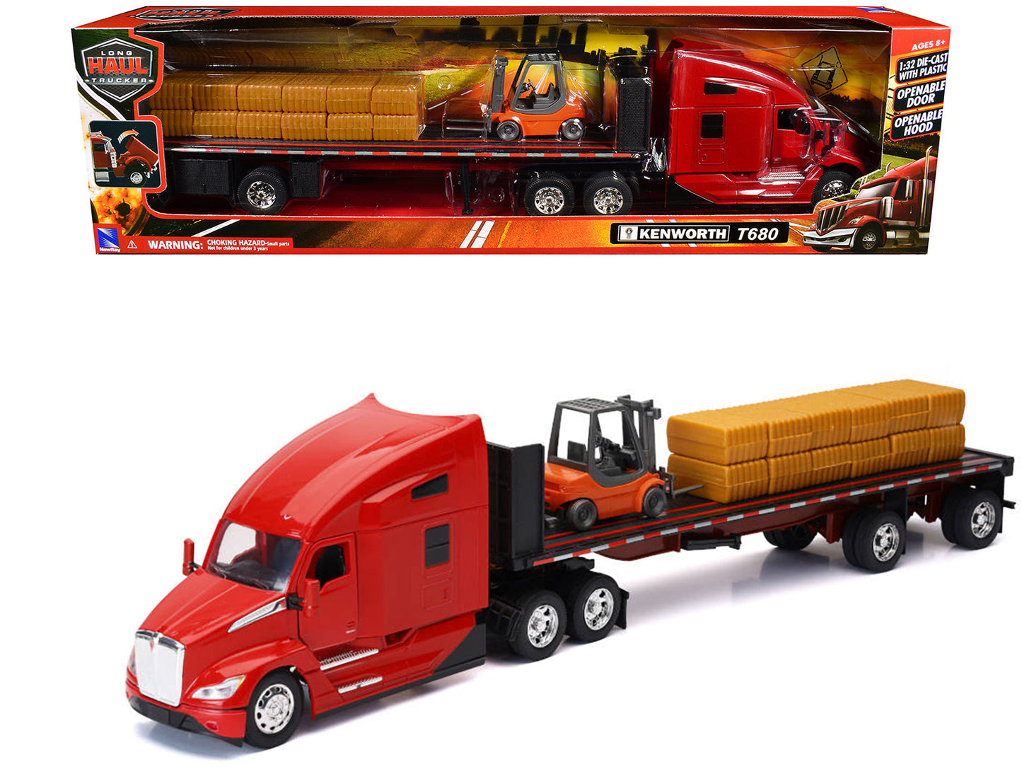 Kenworth T680 Truck Red and Flatbed Trailer with Forklift and Hay Load "Long Haul Trucker" Series 1/32 Diecast Model