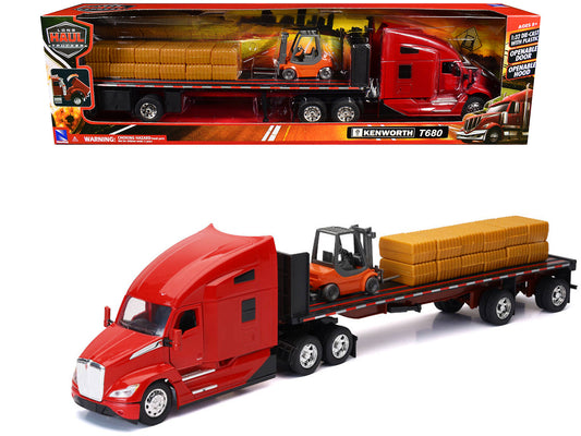 Kenworth T680 Truck Red and Flatbed Trailer with Forklift and Hay Load "Long Haul Trucker" Series 1/32 Diecast Model