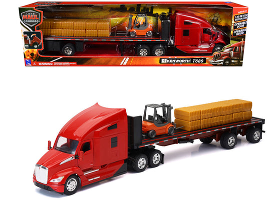 Kenworth T680 Truck Red and Flatbed Trailer with Forklift and Hay Load "Long Haul Trucker" Series 1/32 Diecast Model