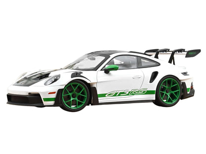2022 Porsche 911 GT3 RS with Weissach Pack "Tribute to Carrera RS" White with Carbon Hood and Top and Python Green Stripes 1/12 Diecast Model Car