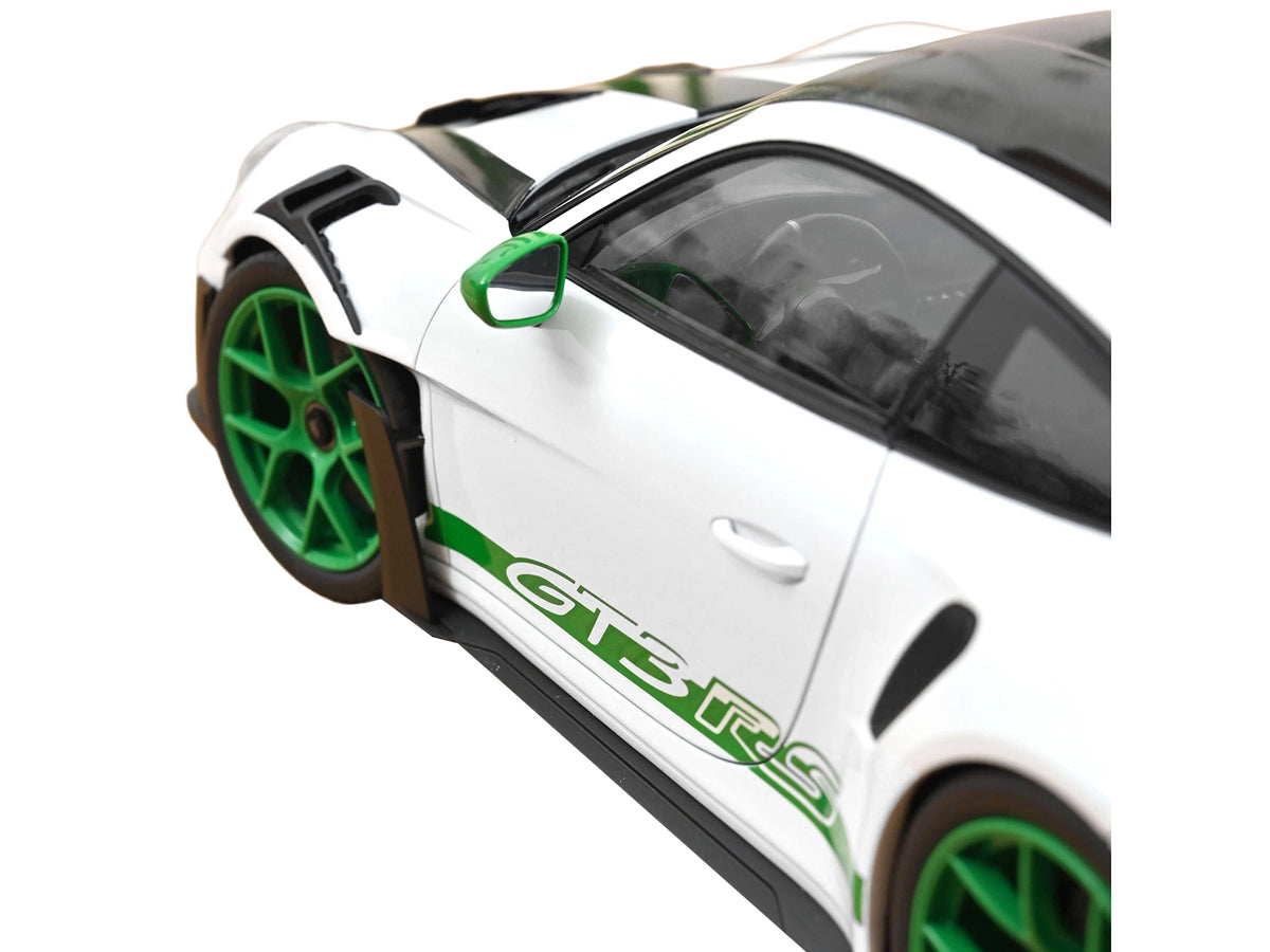 2022 Porsche 911 GT3 RS with Weissach Pack "Tribute to Carrera RS" White with Carbon Hood and Top and Python Green Stripes 1/12 Diecast Model Car