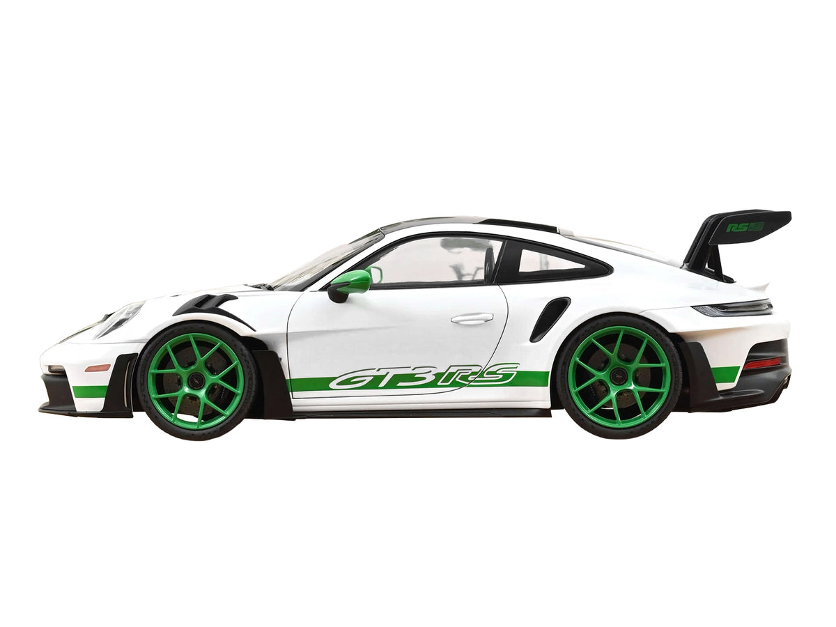 2022 Porsche 911 GT3 RS with Weissach Pack "Tribute to Carrera RS" White with Carbon Hood and Top and Python Green Stripes 1/12 Diecast Model Car