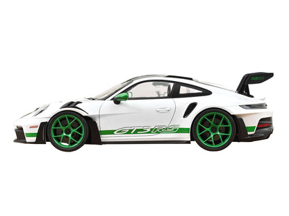 2022 Porsche 911 GT3 RS with Weissach Pack "Tribute to Carrera RS" White with Carbon Hood and Top and Python Green Stripes 1/12 Diecast Model Car