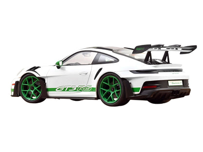 2022 Porsche 911 GT3 RS with Weissach Pack "Tribute to Carrera RS" White with Carbon Hood and Top and Python Green Stripes 1/12 Diecast Model Car