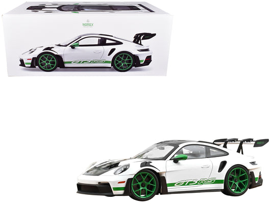 2022 Porsche 911 GT3 RS with Weissach Pack "Tribute to Carrera RS" White with Carbon Hood and Top and Python Green Stripes 1/12 Diecast Model Car