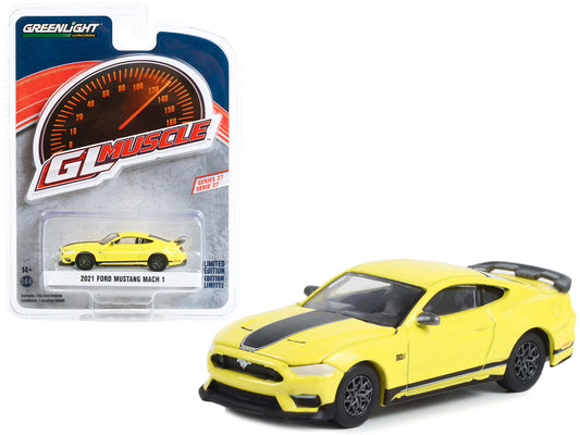 2021 Ford Mustang Mach 1 Grabber Yellow with Black Stripes "Greenlight Muscle" Series 27 1/64 Diecast Model Car