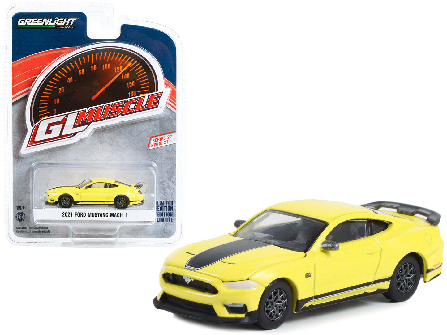 2021 Ford Mustang Mach 1 Grabber Yellow with Black Stripes "Greenlight Muscle" Series 27 1/64 Diecast Model Car