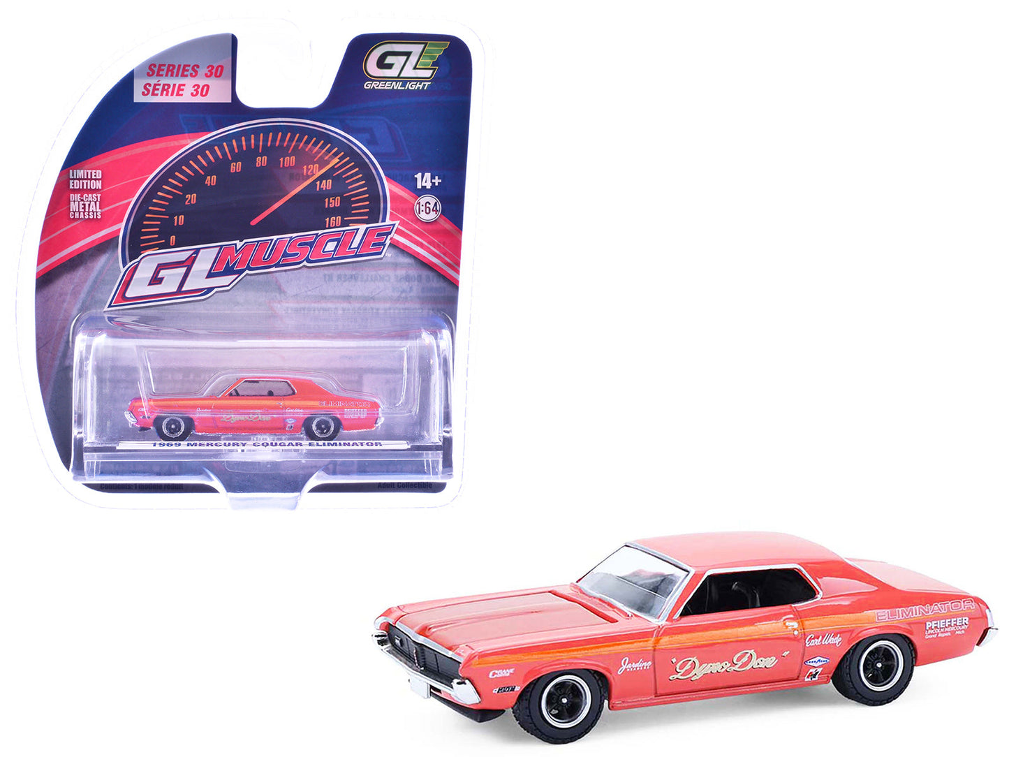1969 Mercury Cougar Eliminator "Dyno Don" Red with Orange Stripes "GreenLight Muscle" Series 30 1/64 Diecast Model Car