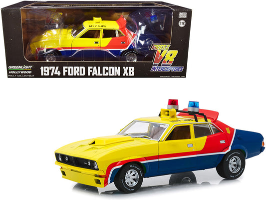 1974 Ford Falcon XB 4-Door Sedan RHD (Right Hand Drive) Yellow and Blue with Red Stripes "MFP 508" "First of the V8 Interceptors" (1979) Movie 1/18 Diecast Model Car