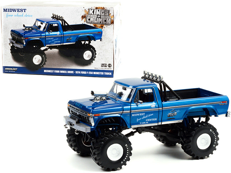 1974 Ford F-250 Ranger XLT Monster Truck with 48-Inch Tires Blue Metallic "Midwest Four Wheel Drive Center" "Kings of Crunch" Series 1/18 Diecast Model Car