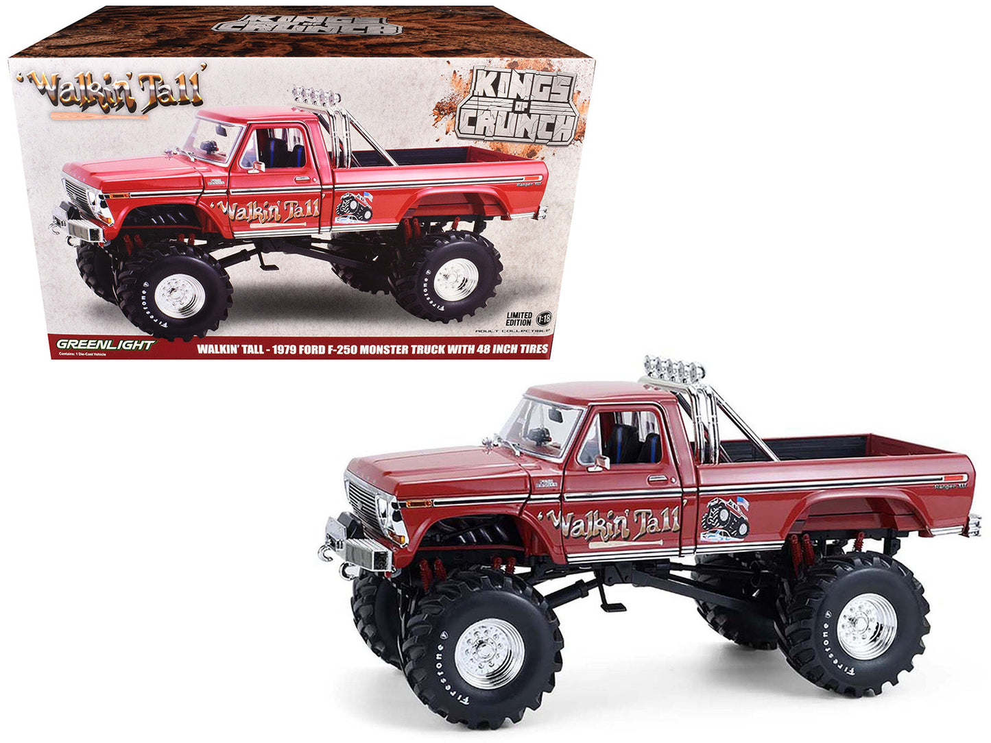1979 Ford F-250 Monster Truck with 48-Inch Tires "Walkin' Tall" Red "Kings of Crunch" Series 1/18 Diecast Model Car