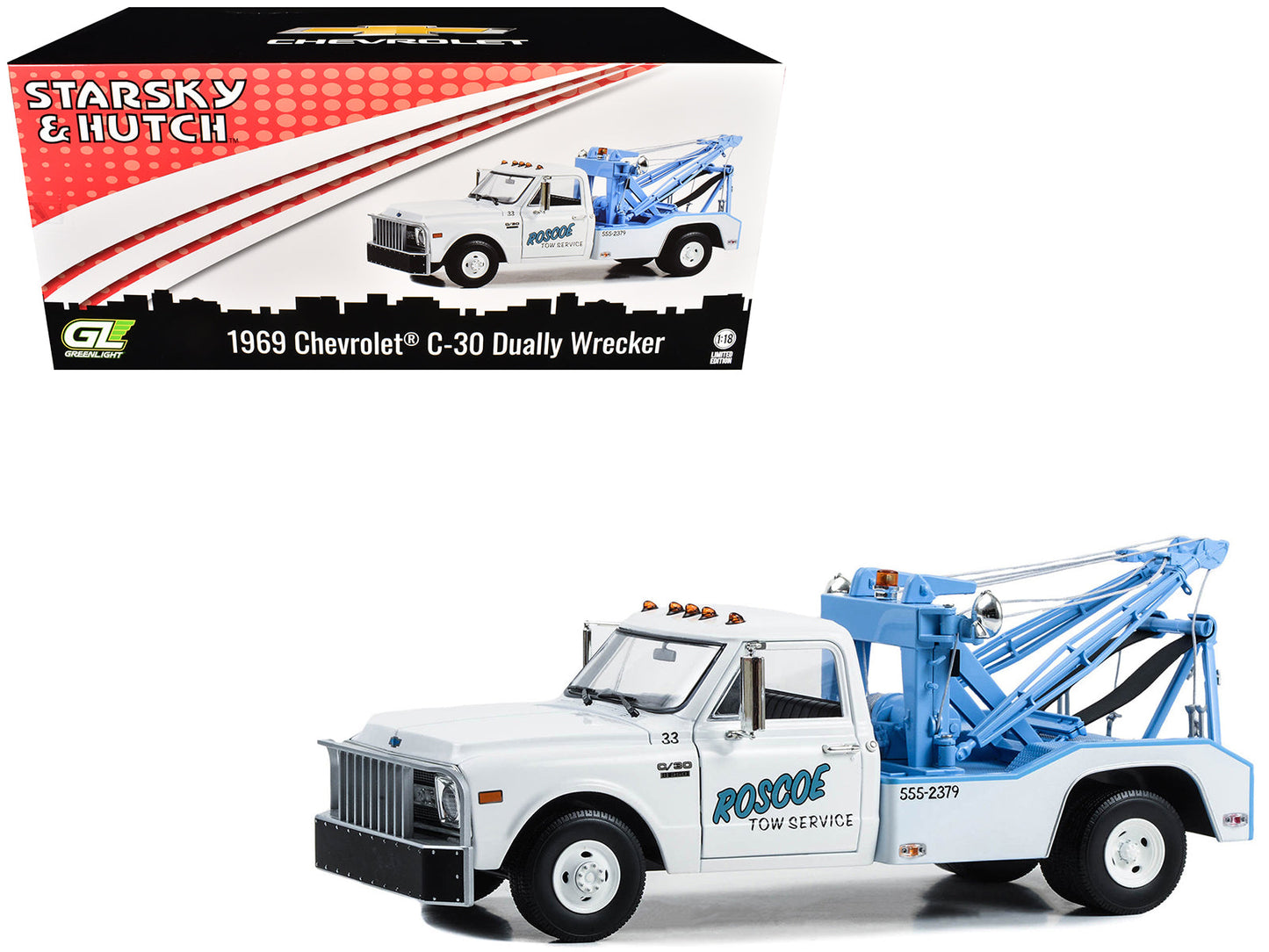 1969 Chevrolet C-30 Dually Wrecker Tow Truck "Roscoe Tow Service" White "Starsky and Hutch" (1975-1979) TV Series 1/18 Diecast Model Car