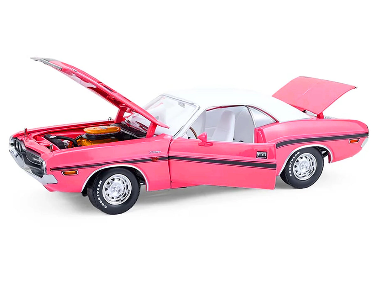 1970 Dodge Challenger R/T 440 Six Pack Panther Pink with Black Stripes White Top and White Interior 1/18 Diecast Model Car