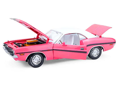 1970 Dodge Challenger R/T 440 Six Pack Panther Pink with Black Stripes White Top and White Interior 1/18 Diecast Model Car