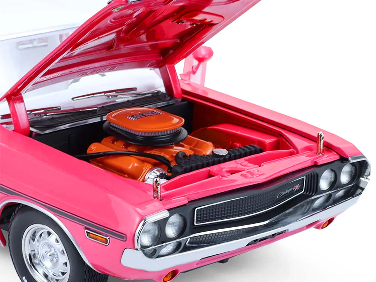 1970 Dodge Challenger R/T 440 Six Pack Panther Pink with Black Stripes White Top and White Interior 1/18 Diecast Model Car