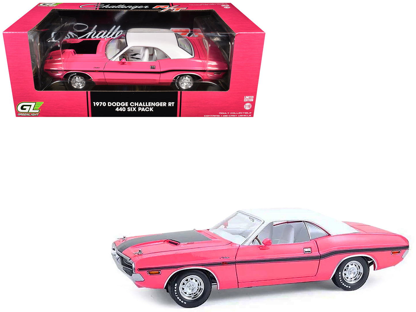 1970 Dodge Challenger R/T 440 Six Pack Panther Pink with Black Stripes White Top and White Interior 1/18 Diecast Model Car