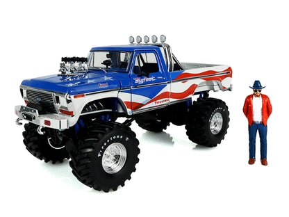 1979 Ford F-250 Monster Truck "Bigfoot USA 250 Tribute" Blue with USA Flag Graphics and Bob Chandler Standing Figure "Kings of Crunch" Series 1/18 Diecast Model Car