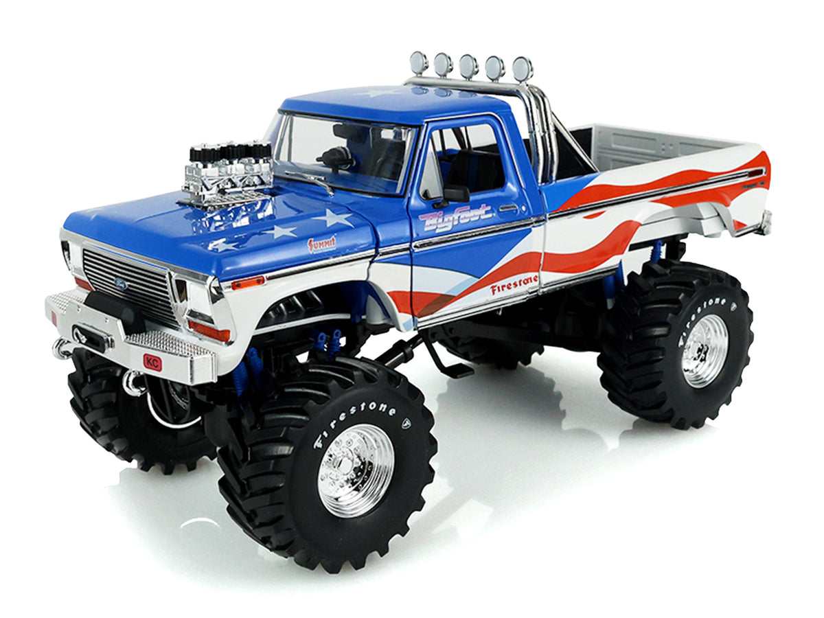 1979 Ford F-250 Monster Truck "Bigfoot USA 250 Tribute" Blue with USA Flag Graphics and Bob Chandler Standing Figure "Kings of Crunch" Series 1/18 Diecast Model Car