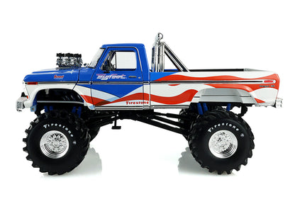 1979 Ford F-250 Monster Truck "Bigfoot USA 250 Tribute" Blue with USA Flag Graphics and Bob Chandler Standing Figure "Kings of Crunch" Series 1/18 Diecast Model Car