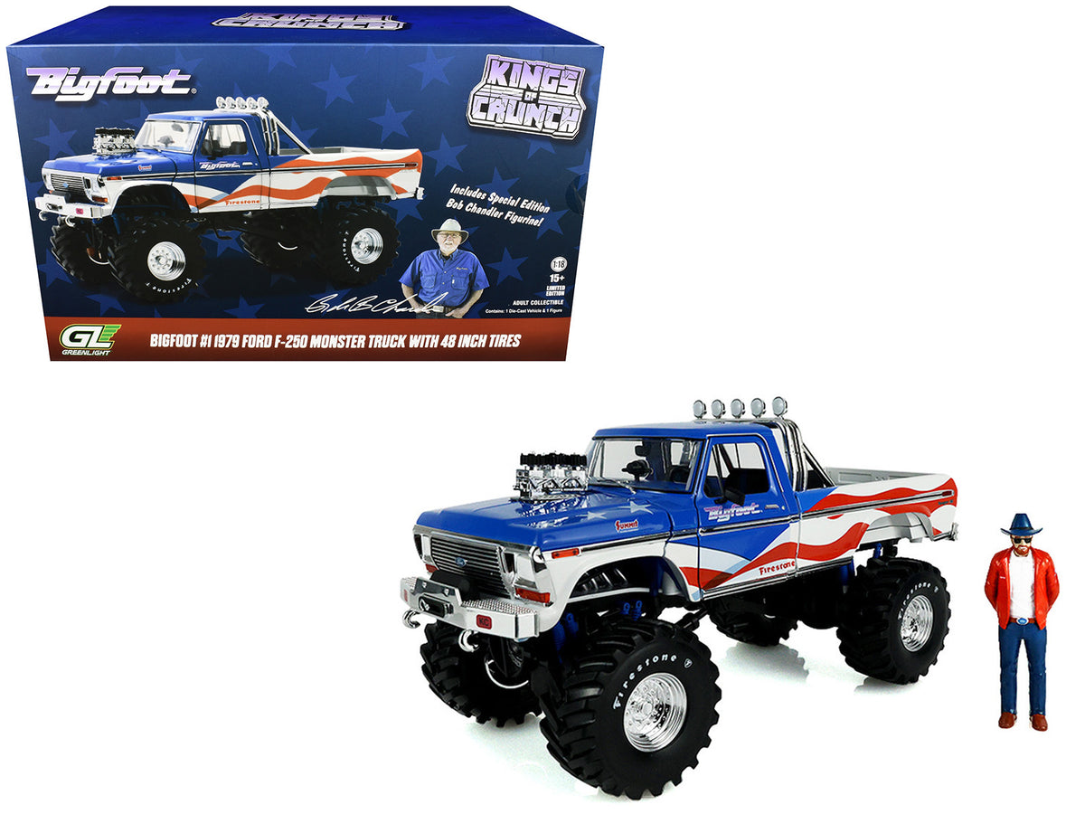 1979 Ford F-250 Monster Truck "Bigfoot USA 250 Tribute" Blue with USA Flag Graphics and Bob Chandler Standing Figure "Kings of Crunch" Series 1/18 Diecast Model Car