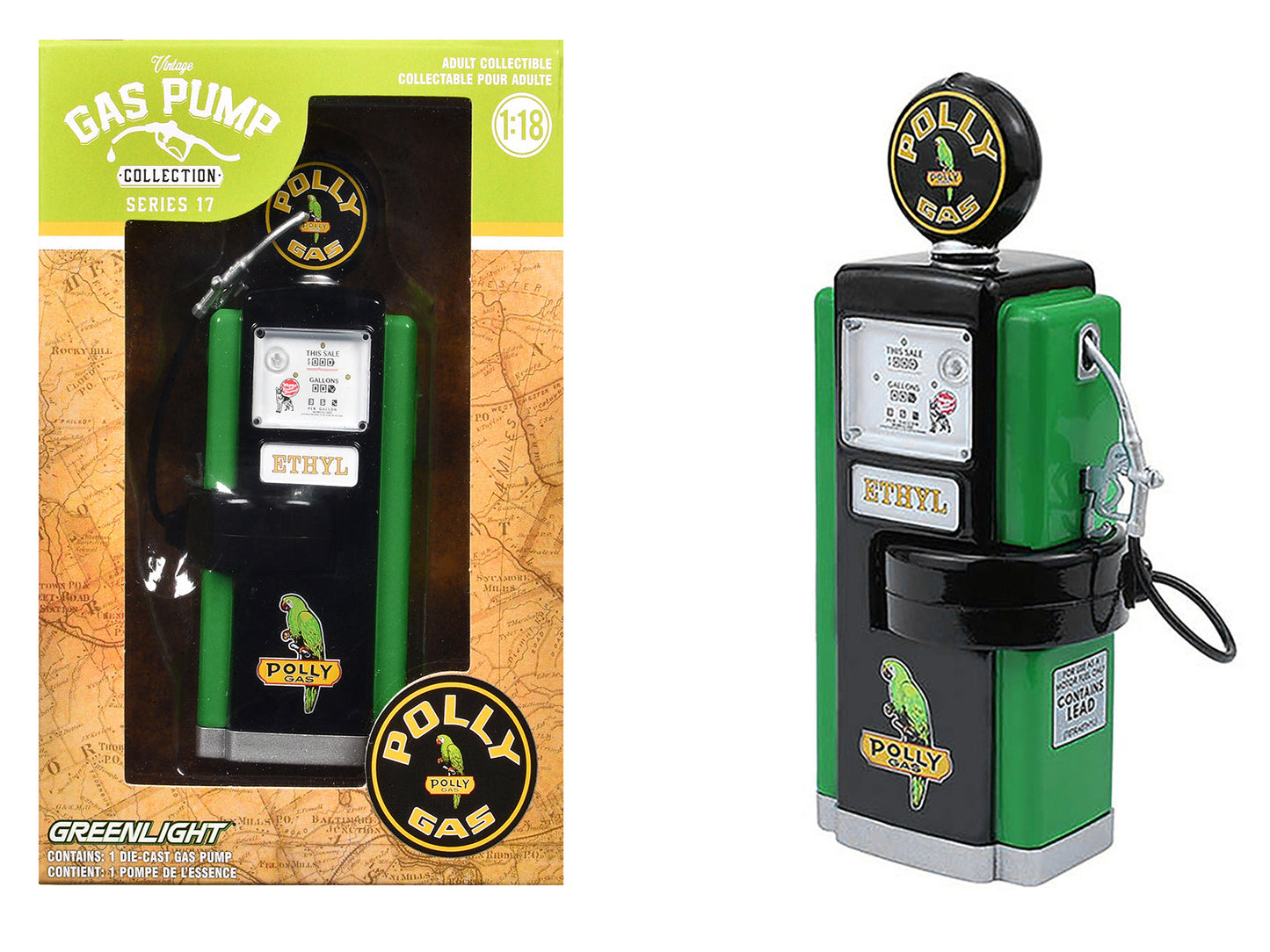 1948 Wayne 100-A Gas Pump "Polly Gas" Black and Green "Vintage Gas Pumps" Series 17 1/18 Diecast Replica