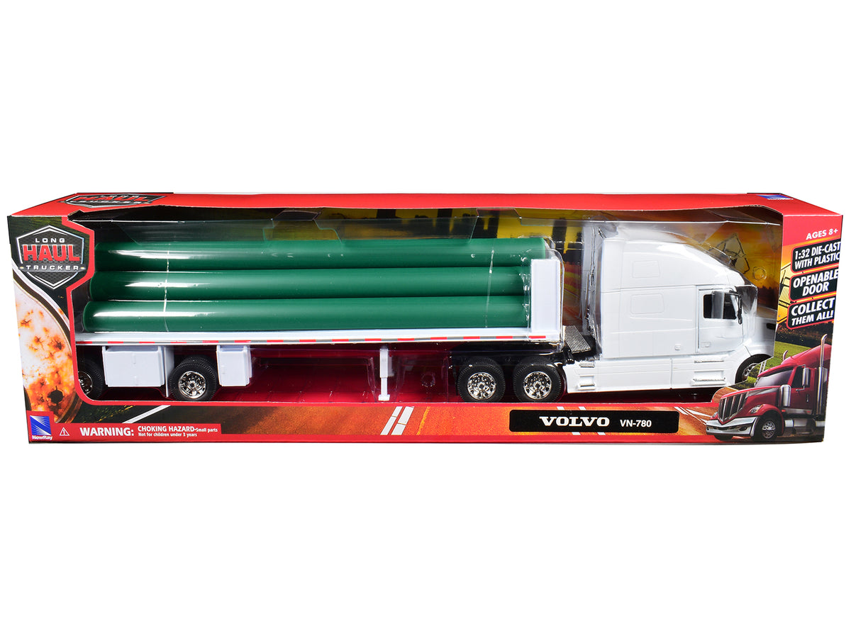 Volvo VN-780 Truck with Flatbed Trailer and Long Pipes White "Long Haul Truckers" Series 1/32 Diecast Model
