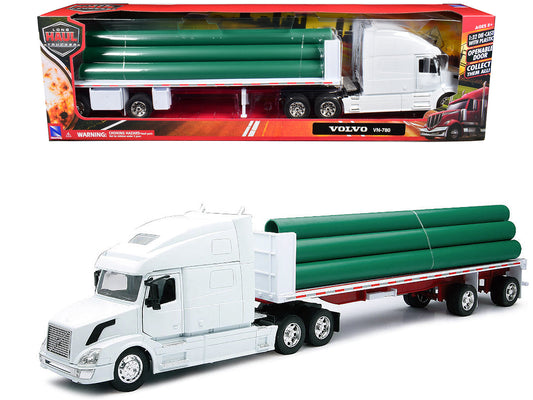 Volvo VN-780 Truck with Flatbed Trailer and Long Pipes White "Long Haul Truckers" Series 1/32 Diecast Model