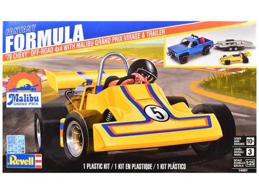 Level 3 Model Kit 1978 Chevrolet Off-Road 4x4 Pickup Truck and "Malibu Grand Prix" Virage with Trailer "Fantasy Formula" 1/25 Scale Model