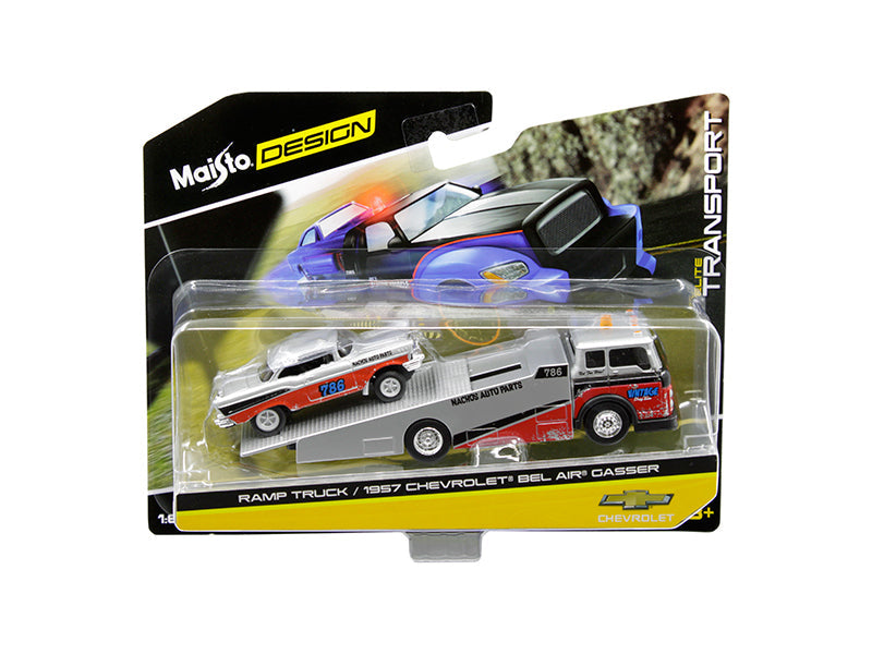 1957 Chevrolet Bel Air Gasser #786 Silver and Red with Ramp Tow Truck "Elite Transport" 1/64 Diecast Models