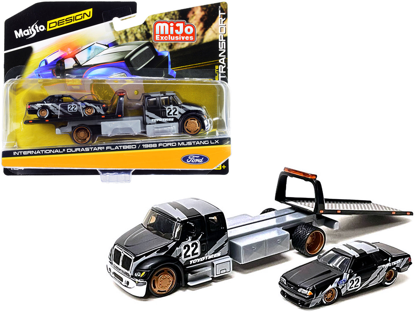 International DuraStar Flatbed Truck #22 and 1988 Ford Mustang LX #22 Matt Black with Gray Graphics "Toyo Tires" "Elite Transport" Series 1/64 Diecast Models