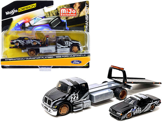 International DuraStar Flatbed Truck #22 and 1988 Ford Mustang LX #22 Matt Black with Gray Graphics "Toyo Tires" "Elite Transport" Series 1/64 Diecast Models