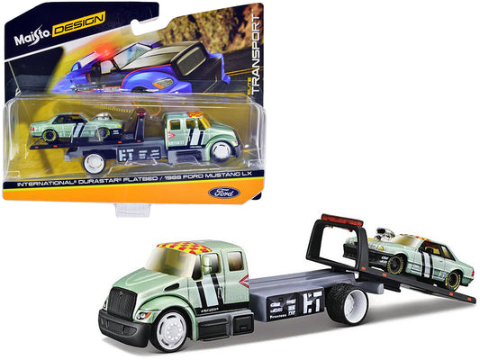 International DuraStar Flatbed Truck #17 and 1988 Ford Mustang LX #17 Light Green Metallic with Stripes and Graphics "Elite Transport" Series 1/64 Diecast Models