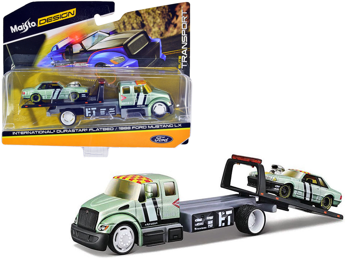 International DuraStar Flatbed Truck #17 and 1988 Ford Mustang LX #17 Light Green Metallic with Stripes and Graphics "Elite Transport" Series 1/64 Diecast Models