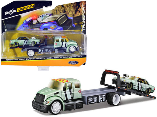 International DuraStar Flatbed Truck #17 and 1988 Ford Mustang LX #17 Light Green Metallic with Stripes and Graphics "Elite Transport" Series 1/64 Diecast Models