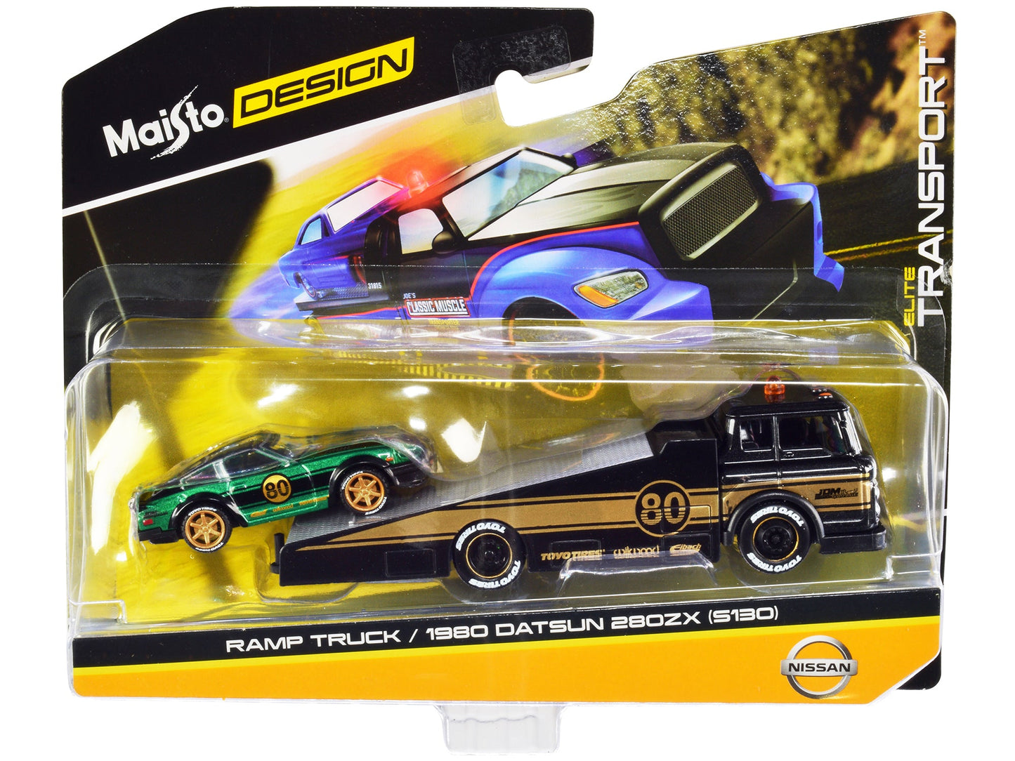 Ramp Truck #80 Dark Gray Metallic with Gold Metallic Stripes "JDM Garage" and 1980 Datsun 280ZX (S130) #80 Green Metallic with Stripes "Elite Transport" Series 1/64 Diecast Models