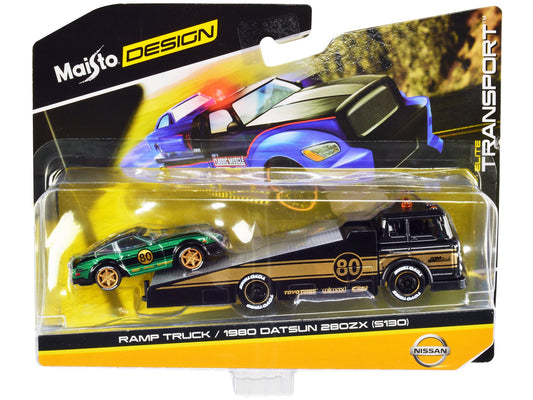Ramp Truck #80 Dark Gray Metallic with Gold Metallic Stripes "JDM Garage" and 1980 Datsun 280ZX (S130) #80 Green Metallic with Stripes "Elite Transport" Series 1/64 Diecast Models