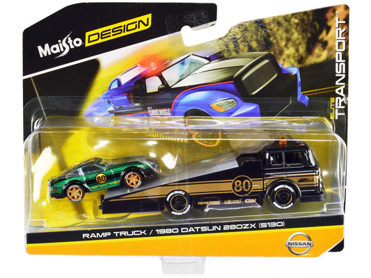 Ramp Truck #80 Dark Gray Metallic with Gold Metallic Stripes "JDM Garage" and 1980 Datsun 280ZX (S130) #80 Green Metallic with Stripes "Elite Transport" Series 1/64 Diecast Models