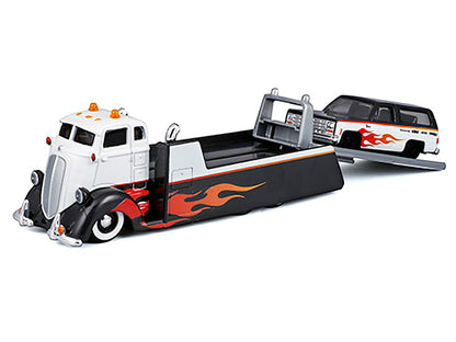 COE Flatbed Truck White and Black with Flame Graphics and 1979 Chevrolet K5 Blazer Black and White with Flame Graphics "Elite Transport" Series 1/64 Diecast Models