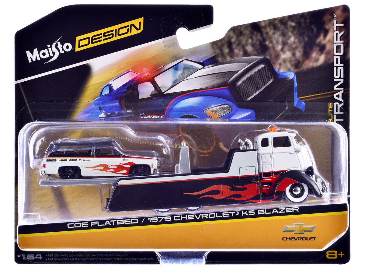 COE Flatbed Truck White and Black with Flame Graphics and 1979 Chevrolet K5 Blazer Black and White with Flame Graphics "Elite Transport" Series 1/64 Diecast Models