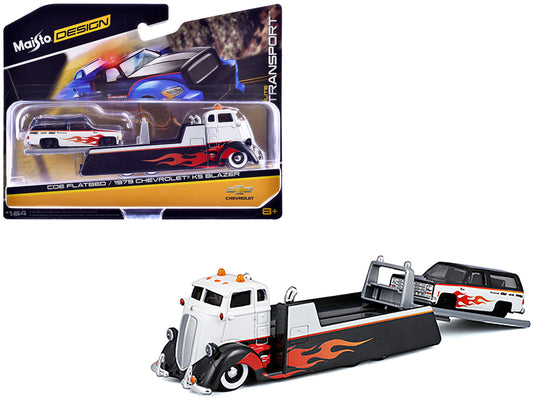 COE Flatbed Truck White and Black with Flame Graphics and 1979 Chevrolet K5 Blazer Black and White with Flame Graphics "Elite Transport" Series 1/64 Diecast Models