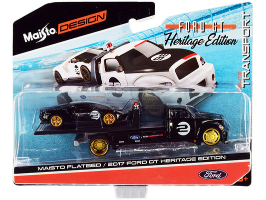 2017 Ford GT #2 Heritage Edition with Flatbed Truck Black "Elite Transport" Series 1/64 Diecast Model Cars