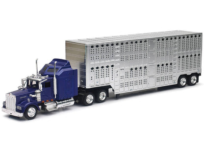 Kenworth W900 Truck Blue with Potbelly Livestock Trailer Chrome "Long Haul Truckers" Series 1/43 Diecast Model