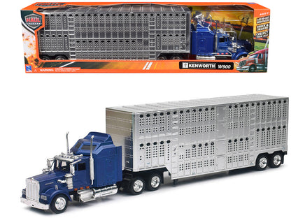 Kenworth W900 Truck Blue with Potbelly Livestock Trailer Chrome "Long Haul Truckers" Series 1/43 Diecast Model