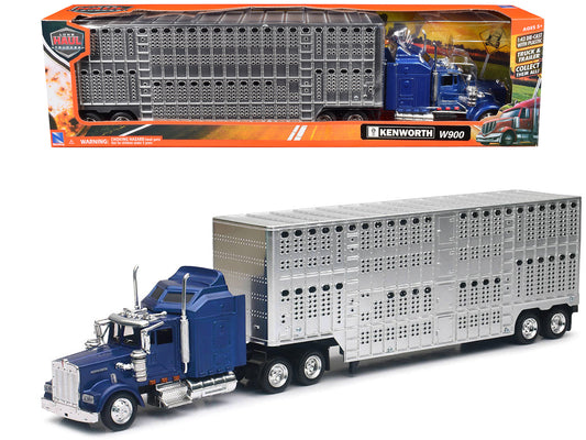 Kenworth W900 Truck Blue with Potbelly Livestock Trailer Chrome "Long Haul Truckers" Series 1/43 Diecast Model