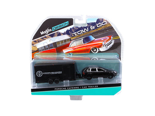 Porsche Cayenne Black and Car Trailer Tow & Go 1/64 Diecast Model