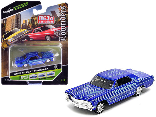 1965 Buick Riviera Candy Blue with Graphics "Lowriders" "Maisto Design" Series 1/64 Diecast Model Car