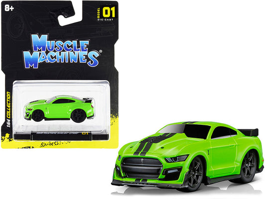 2020 Ford Mustang Shelby GT500 Bright Green with Black Stripes 1/64 Diecast Model Car